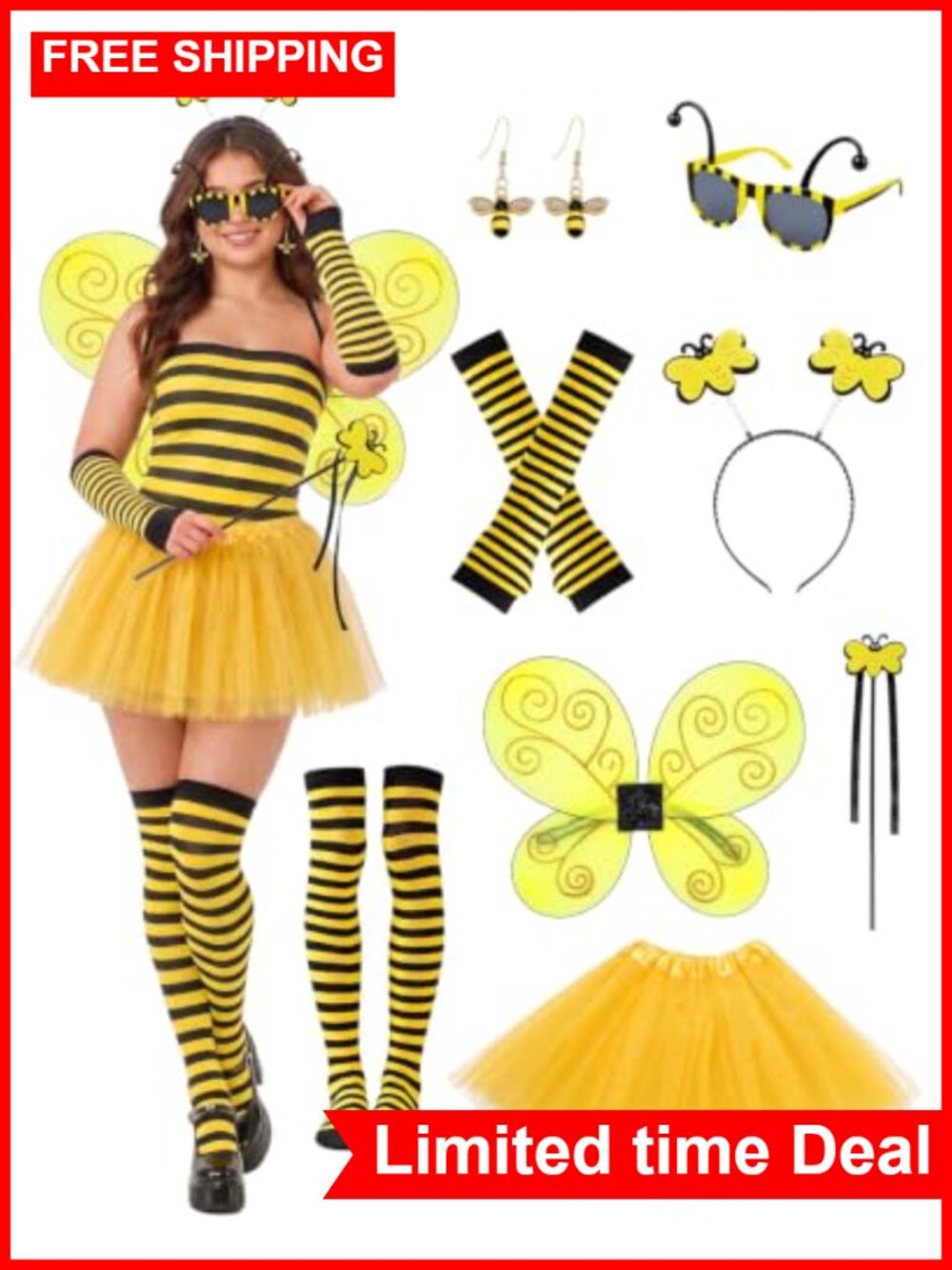 8PCS Halloween Bee Costume Accessories Set for Women Cosplay Dress Wings Socks